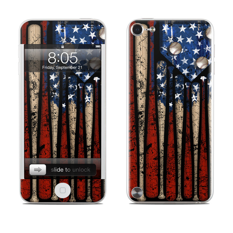 iPod touch 5th Gen Skin design of Baseball bat, Baseball equipment, with black, red, gray, green, blue colors