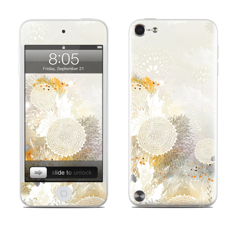 iPod touch 5th Gen Skin design of Pattern, Floral design, Flower, Plant, Illustration, camomile, Wildflower, Art, with gray, yellow, pink, white, green colors