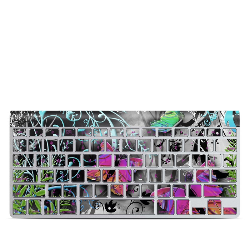 Apple Wireless Keyboard Skin design of Butterfly, Pink, Purple, Violet, Organism, Spring, Moths and butterflies, Botany, Plant, Leaf, with black, gray, green, purple, red colors