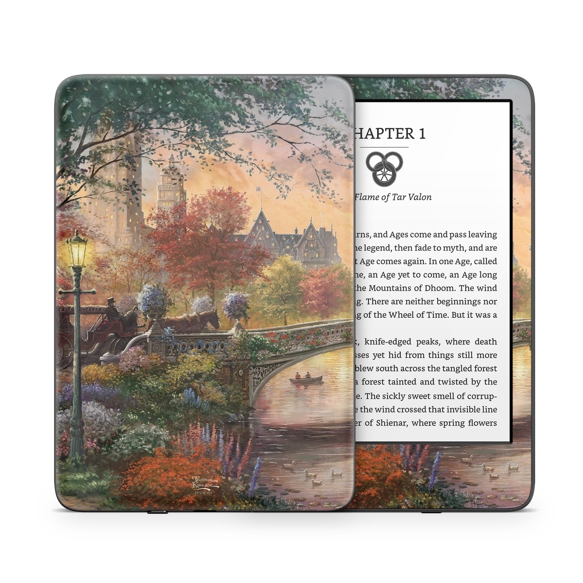 Amazon Kindle Series Skin design of Painting, Nature, Watercolor paint, Natural landscape, Art, Bank, Landscape, Acrylic paint, Waterway, Sky, with red, green, yellow, orange, gray, blue colors