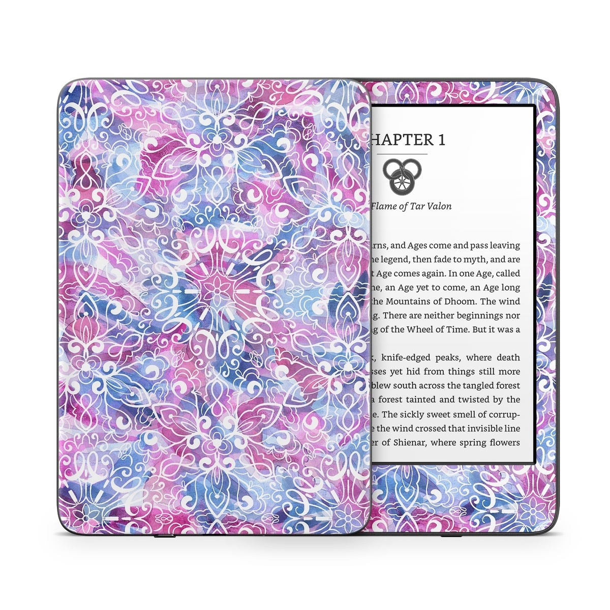 Amazon Kindle Series Skin design of Pattern, Pink, Lilac, Design, Textile, Visual arts, Motif, Floral design, Plant, with blue, pink, purple, white colors