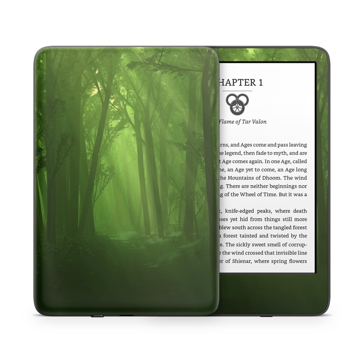 Amazon Kindle Series Skin design of Nature, Green, Forest, Old-growth forest, Woodland, Natural environment, Vegetation, Tree, Natural landscape, Atmospheric phenomenon, with black, green colors