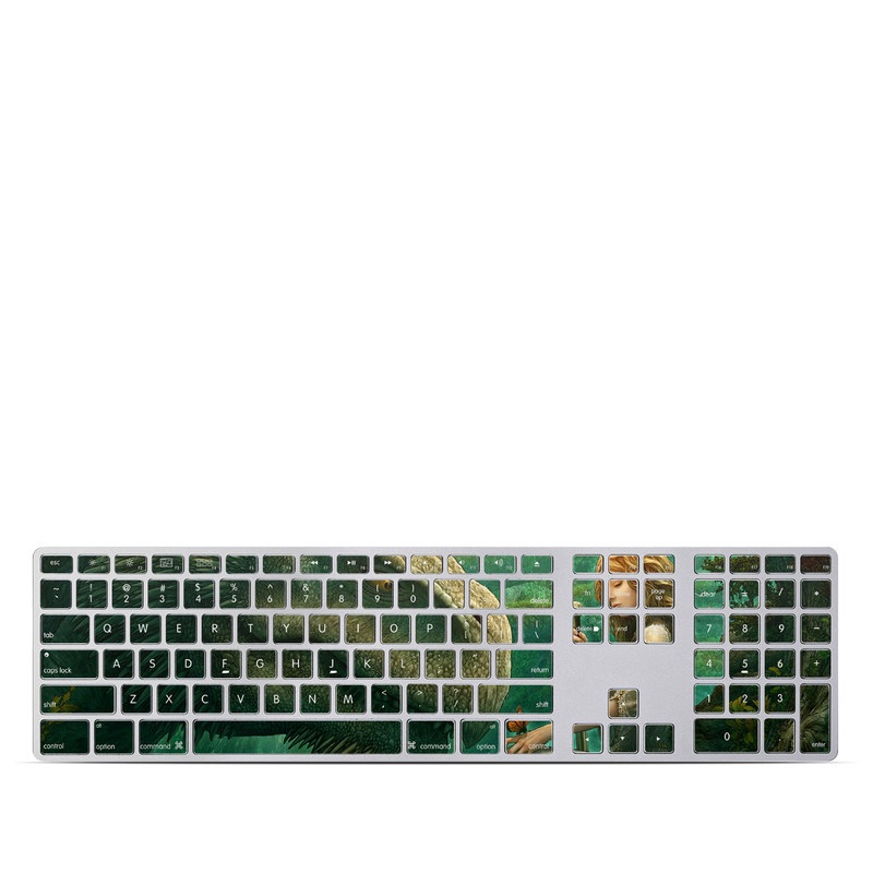 Apple Keyboard with Numeric Keypad Skin design of Dinosaur, Cg artwork, Mythology, Fictional character, Troodon, Extinction, Velociraptor, Illustration, Animated cartoon, Tyrannosaurus, with black, green, gray, red colors