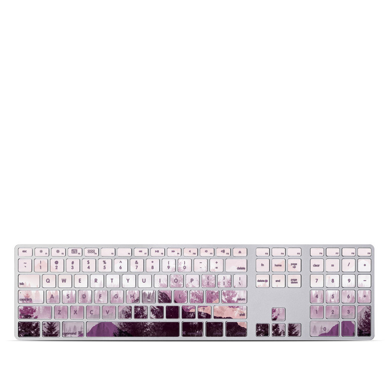 Apple Keyboard with Numeric Keypad Skin design of Sky, Purple, Atmospheric phenomenon, Pink, Natural landscape, Violet, Mountain, Tree, Morning, Mountain range, with white, purple, black, pink colors
