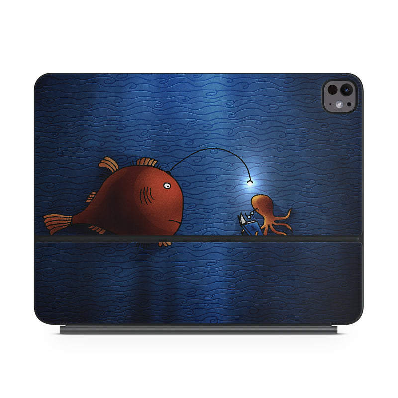 Magic Keyboard for iPad Series Skin design of Deep sea fish, Anglerfish, Illustration, Fish, Animation, Art, with blue, red colors