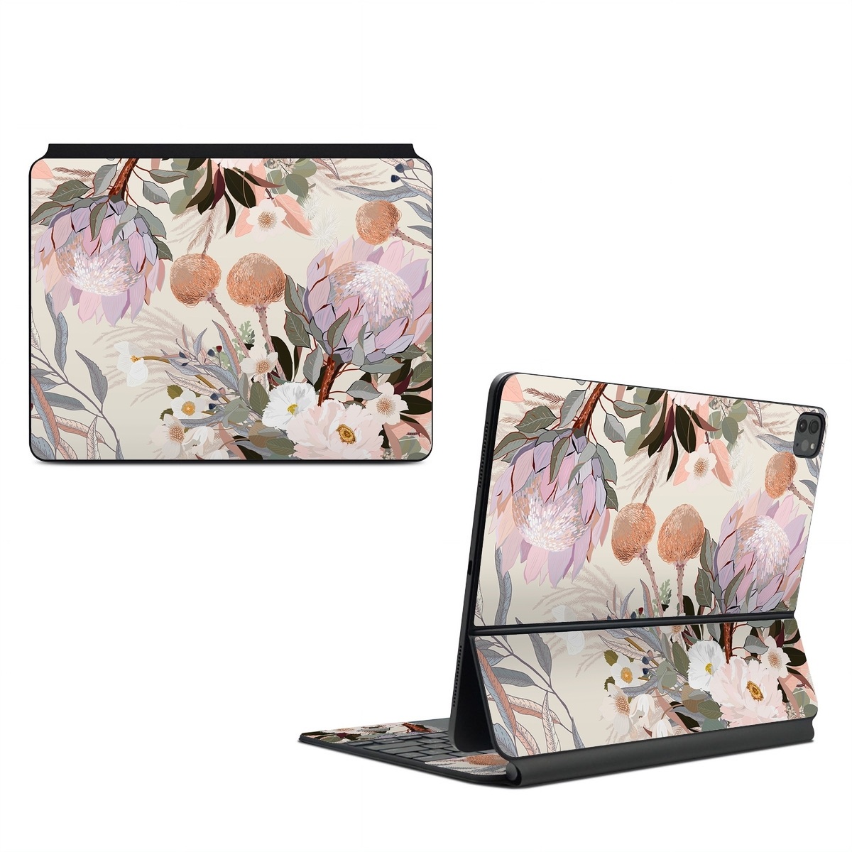 Magic Keyboard for iPad Series Skin design of Flower, Floral design, Watercolor paint, Plant, Spring, Branch, Flower Arranging, Lilac, Floristry, Petal, with pink, purple, green, brown, white, yellow, black colors