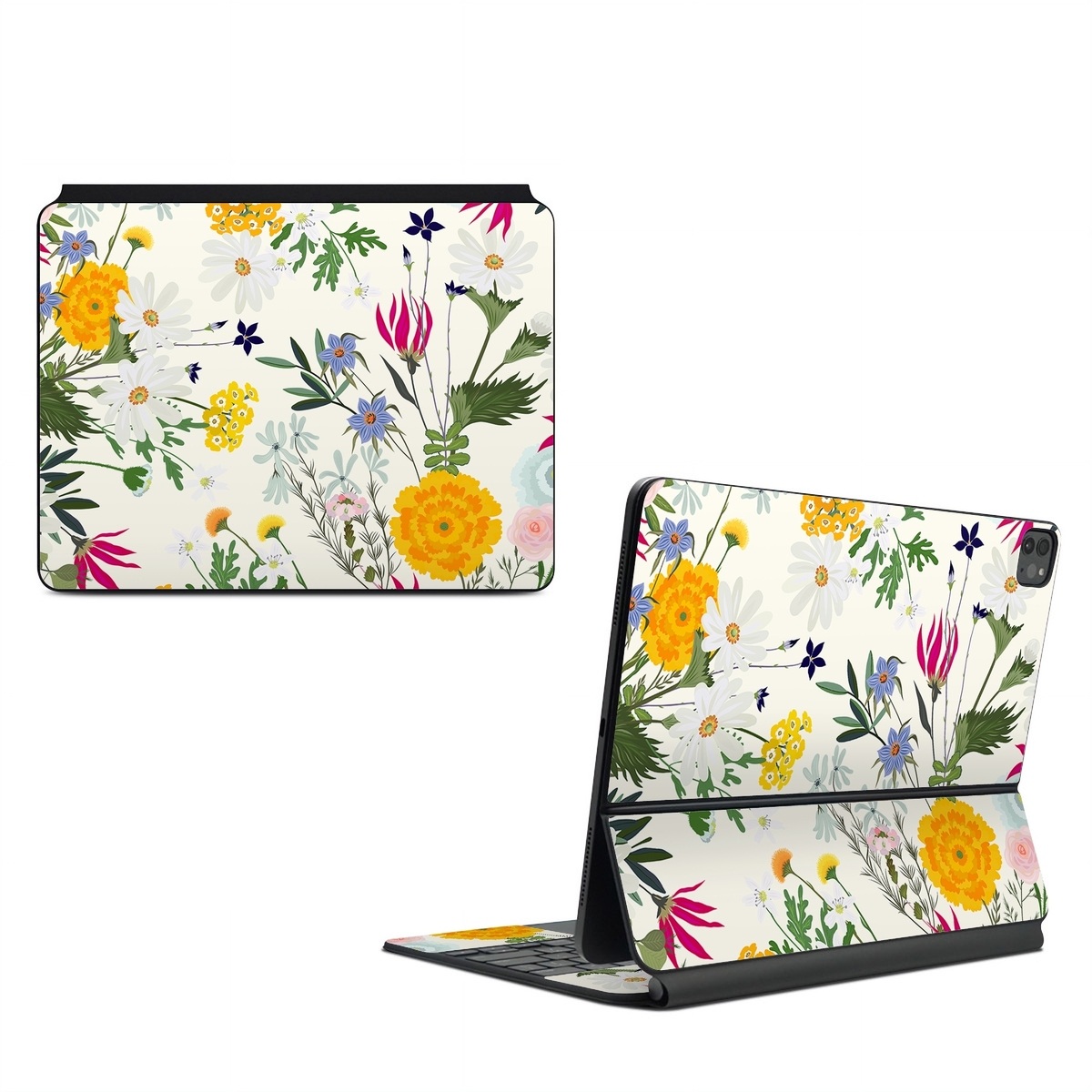Magic Keyboard for iPad Series Skin design of Flower, Wildflower, chamomile, Floral design, Plant, camomile, Botany, Clip art, Cut flowers, Daisy, with white, green, pink, orange, yellow, red colors