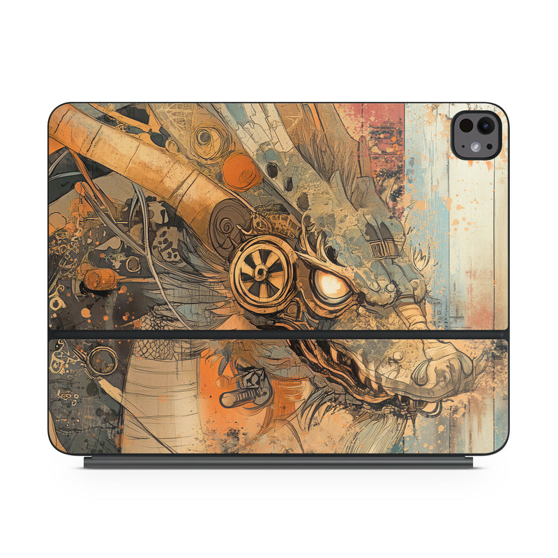 Magic Keyboard for iPad Series Skin design of Visual arts, Painting, Illustration, Fictional character, CG artwork, Modern art, Graphics, Graphic design, Mythical creature, Art Paint, with yellow, orange, black, gray, red colors