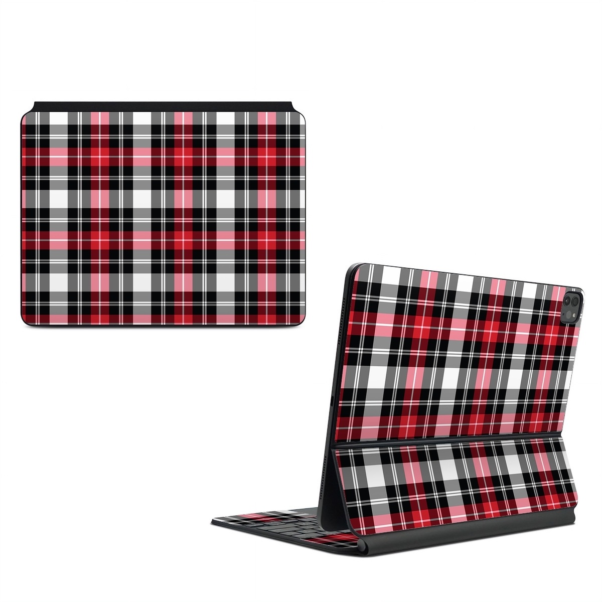Magic Keyboard for iPad Series Skin design of Plaid, Tartan, Pattern, Red, Textile, Design, Line, Pink, Magenta, Square, with black, gray, pink, red, white colors