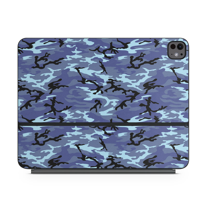Magic Keyboard for iPad Series Skin design of Military camouflage, Pattern, Blue, Aqua, Teal, Design, Camouflage, Textile, Uniform, with blue, black, gray, purple colors