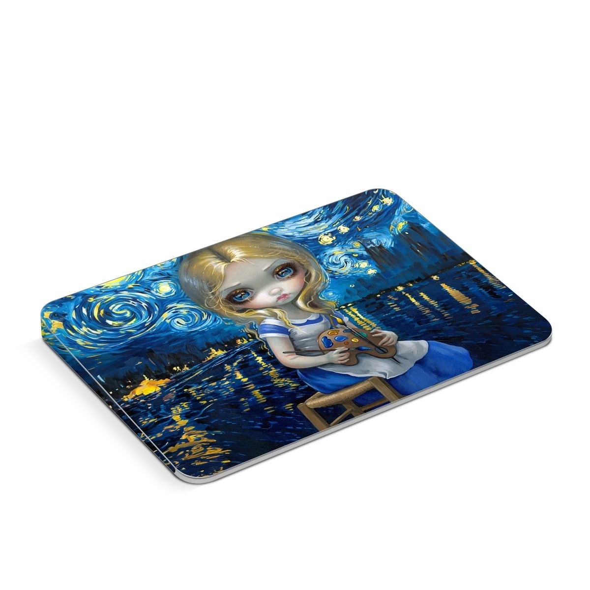 Apple Magic Trackpad Skin design of Blue, Illustration, Cg artwork, Doll, Art, Acrylic paint, Painting, Toy, Fictional character, Visual arts, with blue, yellow, white, brown, red colors
