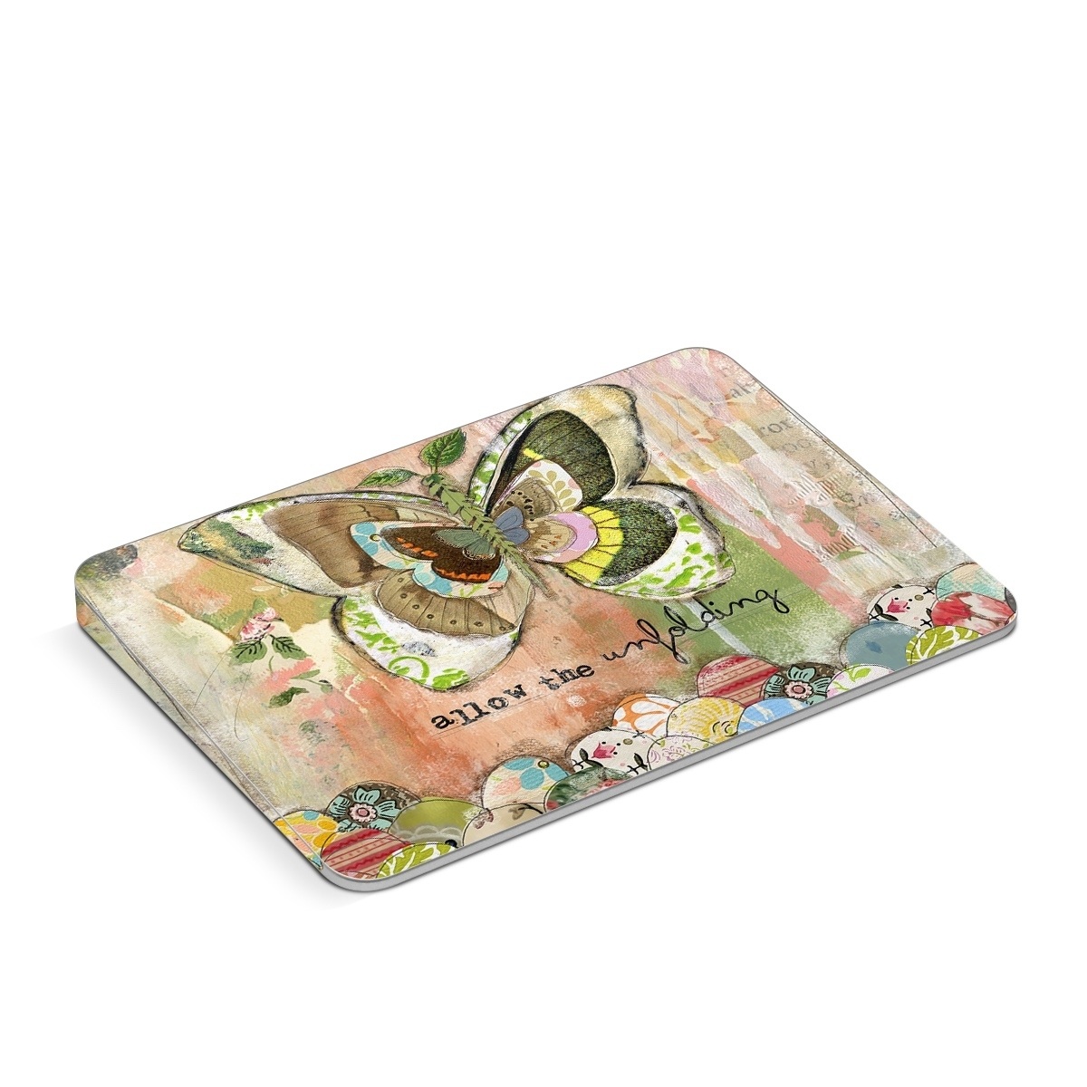 Apple Magic Trackpad Skin design of Butterfly, Art, Fictional character, Pollinator, Moths and butterflies, Watercolor paint, Illustration, with green, brown, yellow, blue, pink, red colors