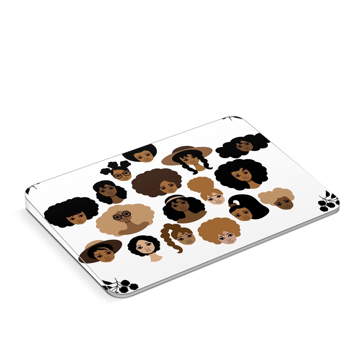 Apple Magic Trackpad Skin design of Hair, People, Facial expression, Hairstyle, Cartoon, Head, Afro, Clip art, Font, Black hair, with black, brown, white colors