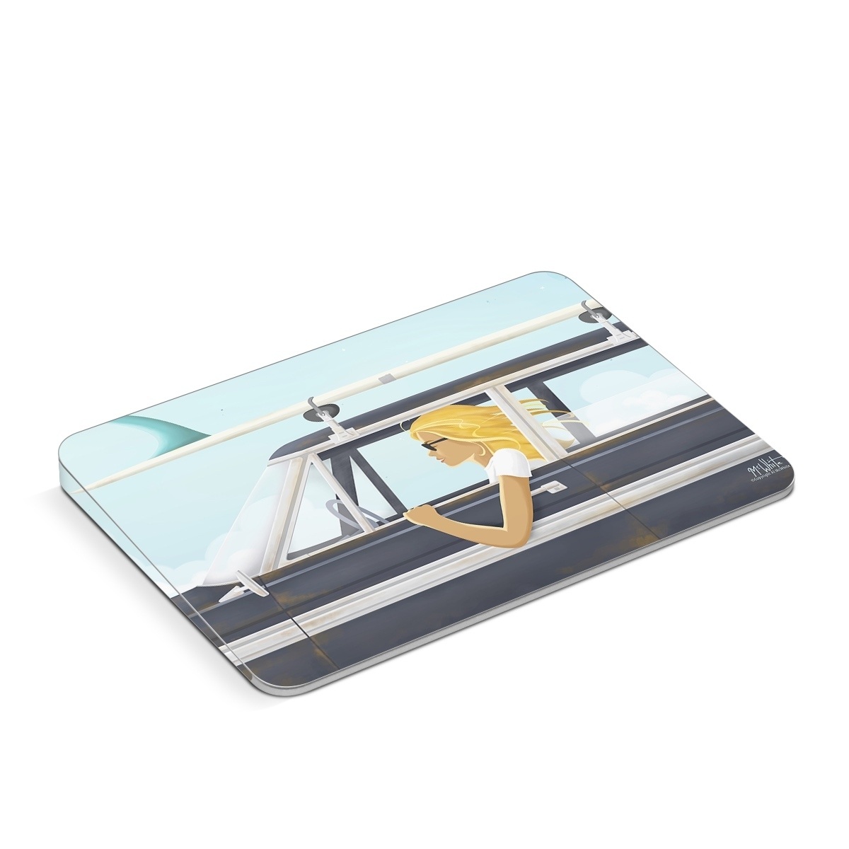 Apple Magic Trackpad Skin design of Vehicle door, Vehicle, Automotive exterior, Automotive design, Car, Headgear, Windshield, Dress, Automotive window part, Family car, with blue, white, gray, yellow colors