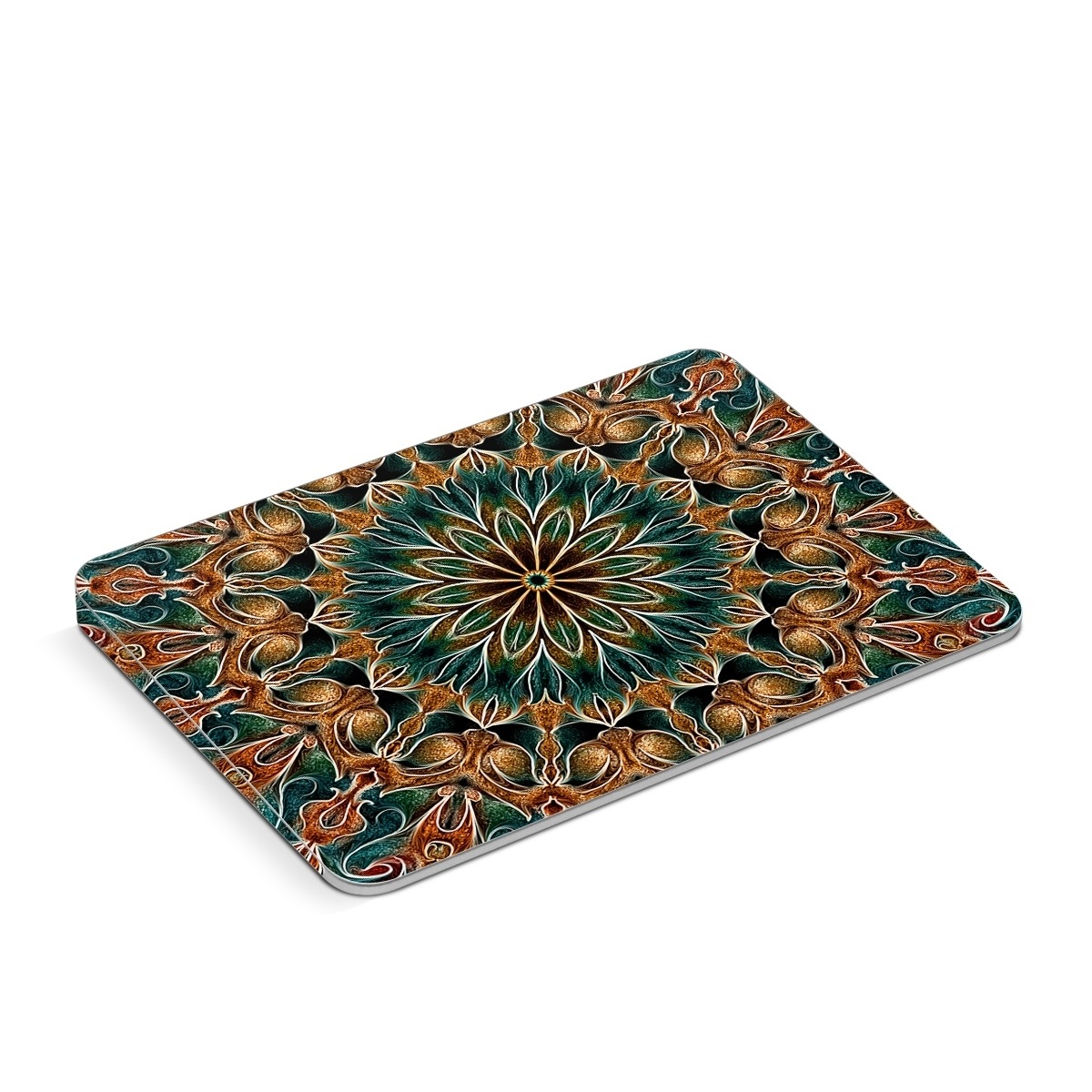Apple Magic Trackpad Skin design of Pattern, Symmetry, Textile, Art, Psychedelic art, Tapestry, Design, Visual arts, Kaleidoscope, Motif, with green, orange, yellow, brown, red colors