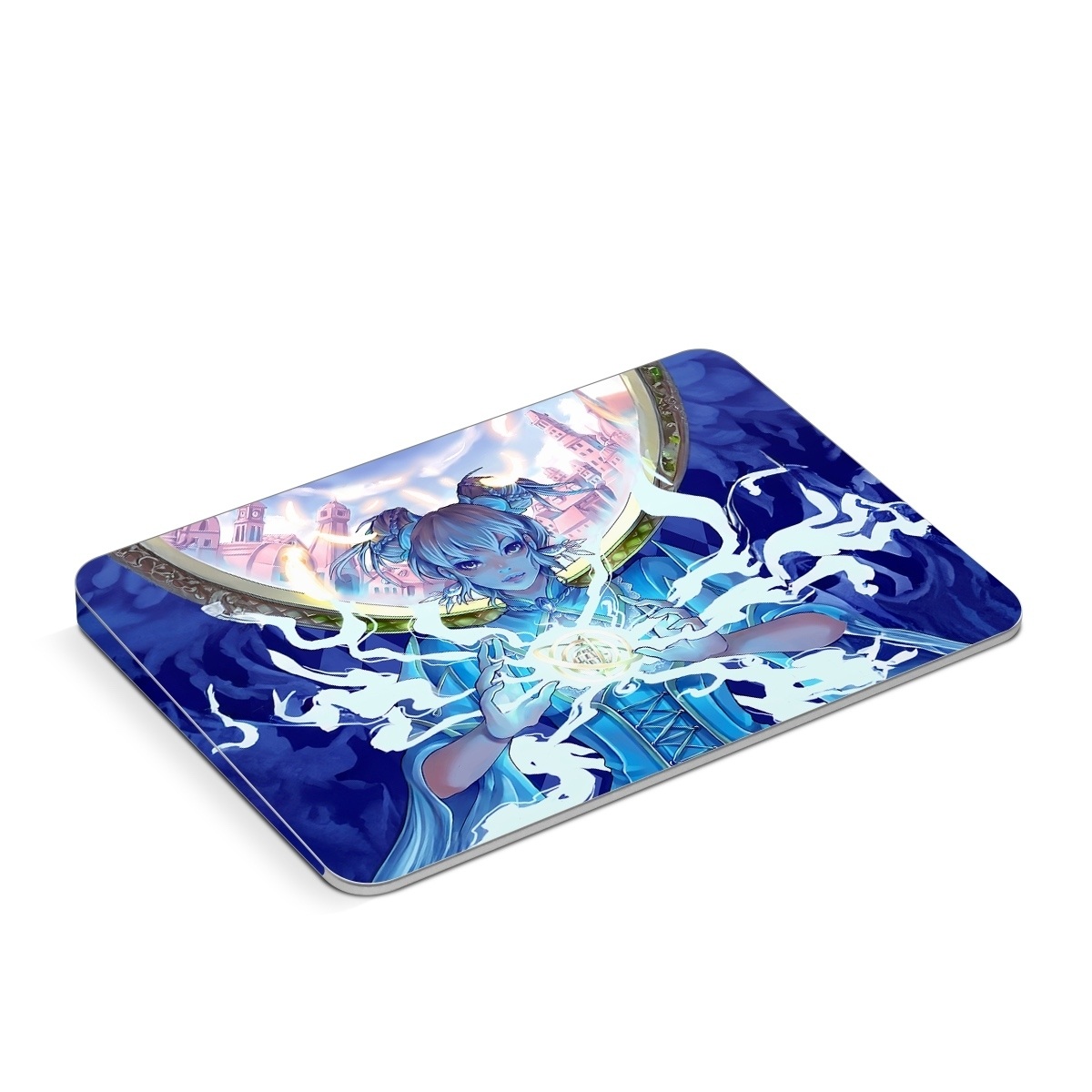 Apple Magic Trackpad Skin design of Cg artwork, Anime, Cartoon, Sky, Long hair, Illustration, Fictional character, Black hair, Art, with blue, purple, pink, white, yellow colors