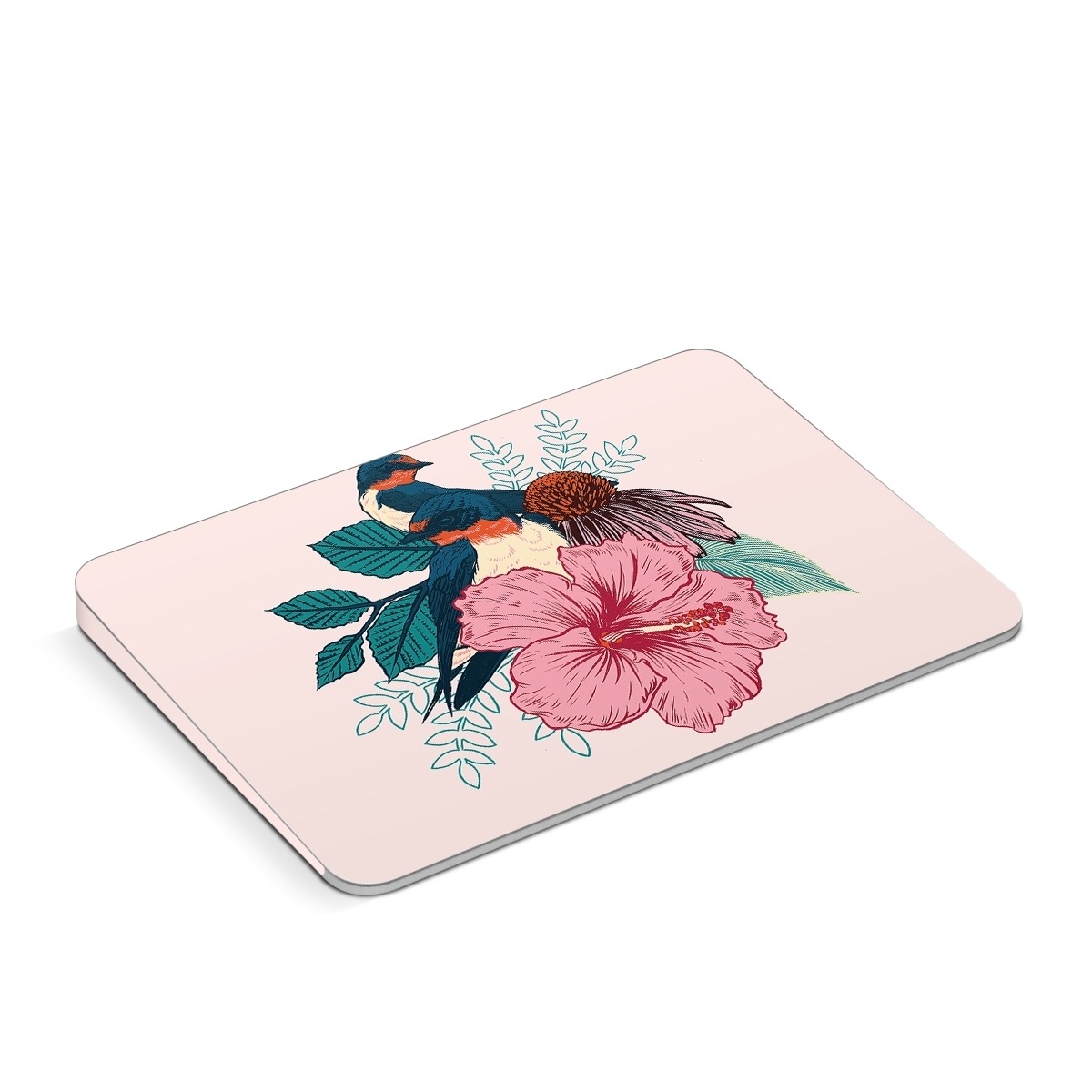 Apple Magic Trackpad Skin design of Bird, Hawaiian hibiscus, Hibiscus, Illustration, Chinese hibiscus, Botany, Flower, Plant, Malvales, Mallow family, with blue, pink, green, yellow, red colors