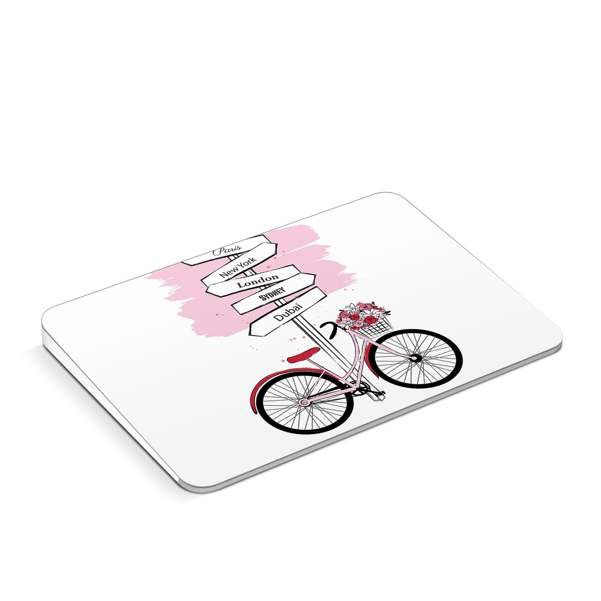 Apple Magic Trackpad Skin design of Bicycle, Wheel, Bicycles--Equipment and supplies, Tire, Bicycle tire, Bicycle frame, Bicycle wheel, Bicycle wheel rim, Vehicle, Bicycle fork, with white, black, red, pink colors