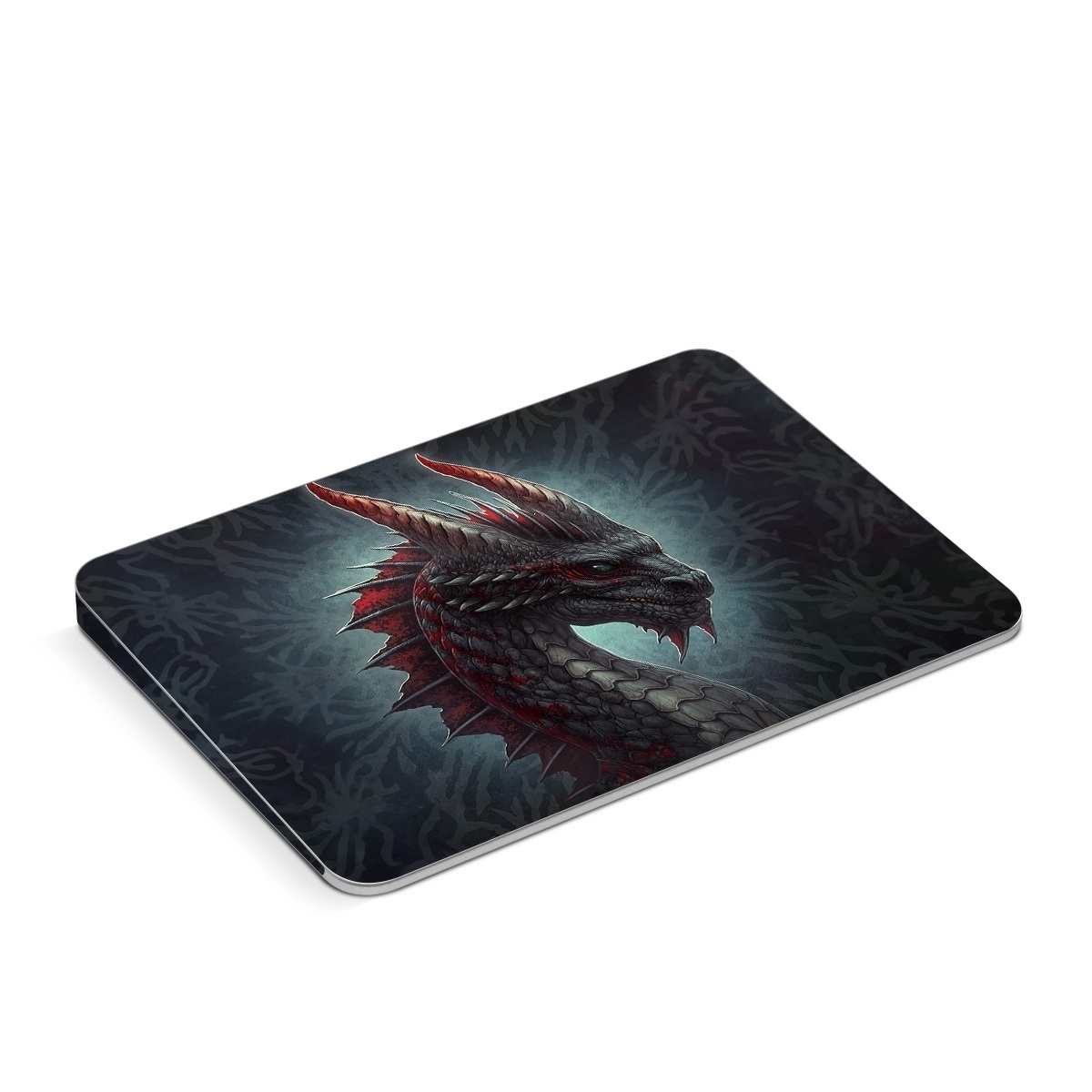 Apple Magic Trackpad Skin design of Dragon, Fictional character, Mythical creature, Demon, Cg artwork, Illustration, Green dragon, Supernatural creature, Cryptid, with red, gray, blue colors