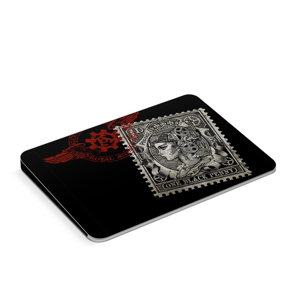 Apple Magic Trackpad Skin design of Font, Postage stamp, Illustration, Drawing, Art, with black, gray, red colors