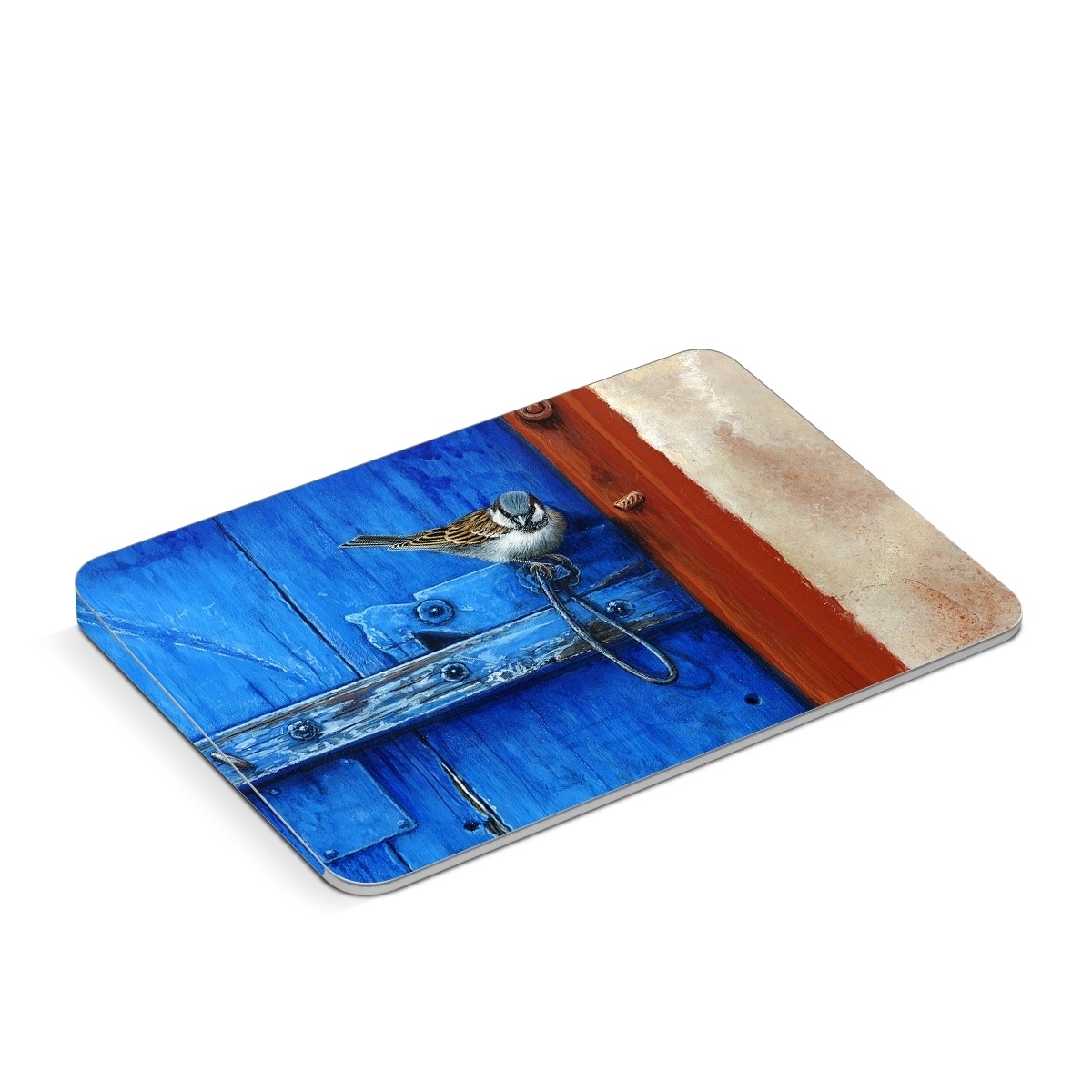 Apple Magic Trackpad Skin design of Blue, Wood, Door handle, Door, Wall, Door knocker, Electric blue, Still life photography, Window, Handle, with red, blue, brown colors