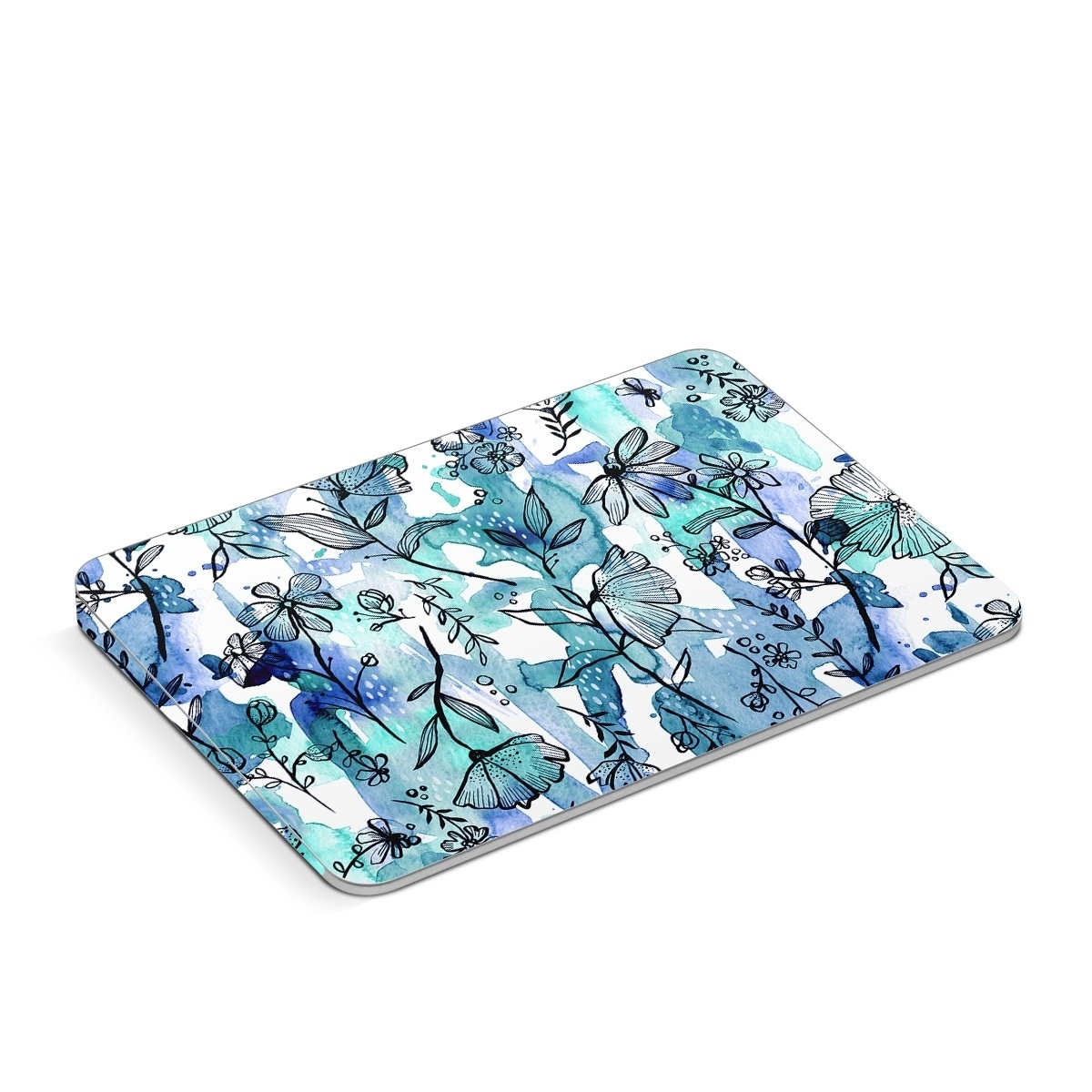 Apple Magic Trackpad Skin design of Blue, Pattern, Turquoise, Aqua, Design, Textile, Wildflower, Plant, Wrapping paper, Gift wrapping, with blue, white, black, purple colors