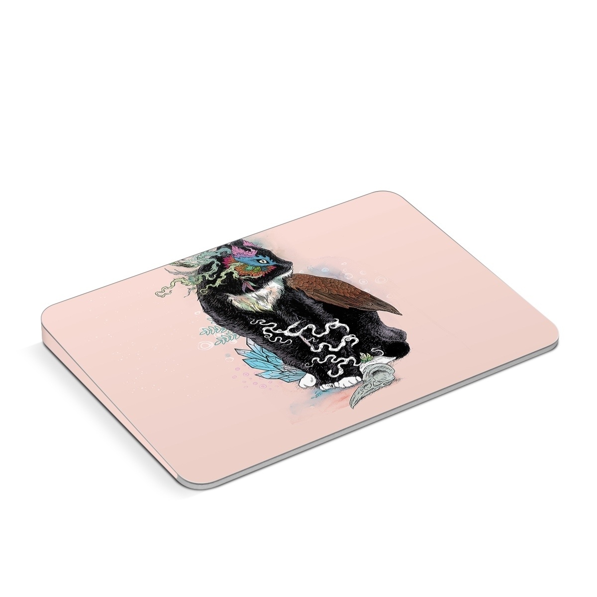 Apple Magic Trackpad Skin design of Illustration, Owl, Art, Graphic design, Cat, Tail, with pink, black, brown, red, green colors