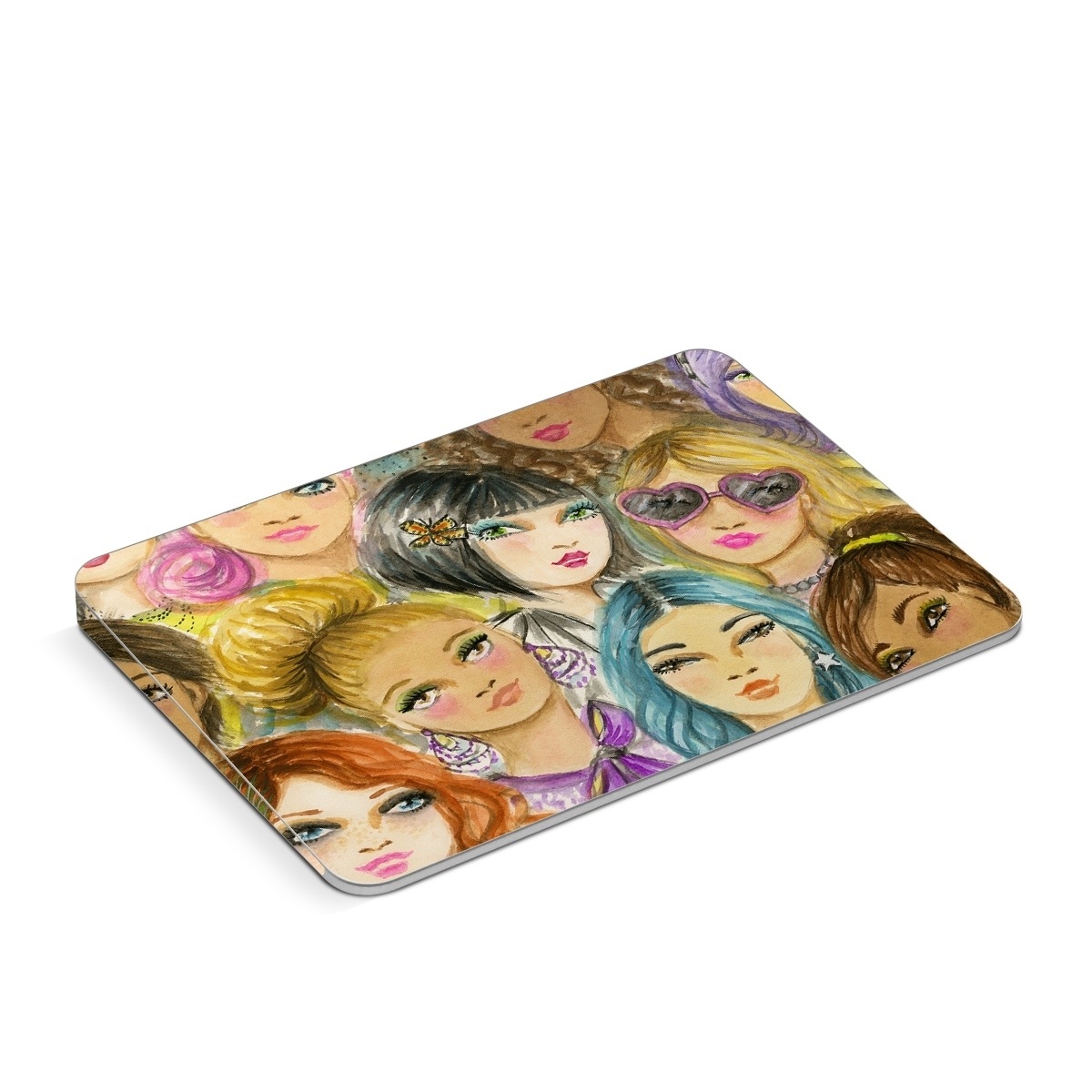 Apple Magic Trackpad Skin design of Face, Hair, Head, Art, Hair coloring, Cheek, Illustration, Human, Watercolor paint, Brown hair, with white, black, brown, yellow, purple, blue, pink colors
