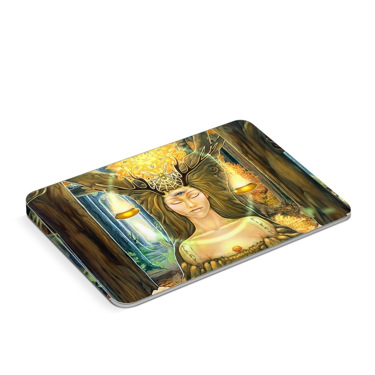 Apple Magic Trackpad Skin design of Painting, Art, Illustration, Plant, Fictional character, Mythology, Cg artwork, Visual arts, Glass, Drawing, with yellow, green, brown, pink, orange, black colors