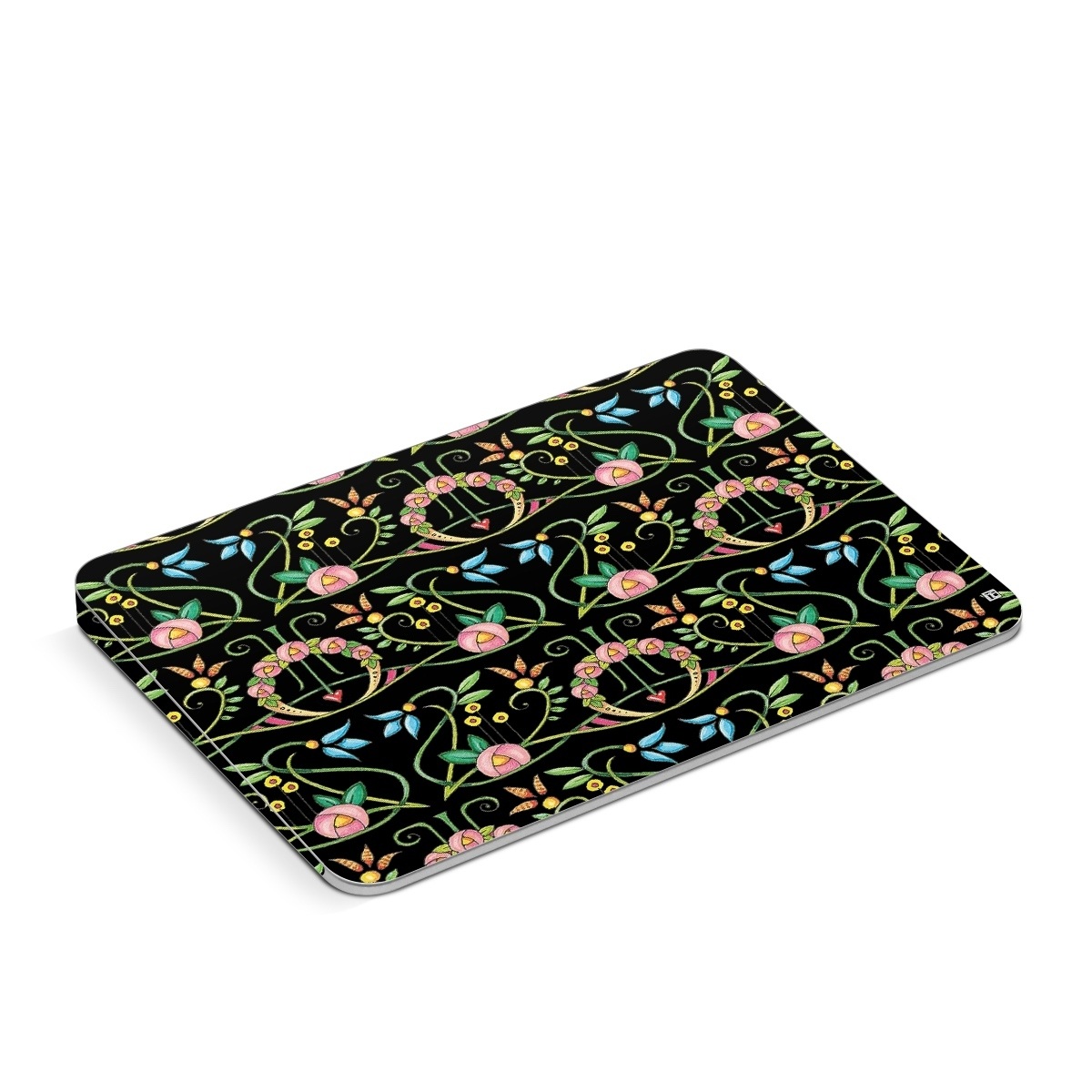 Apple Magic Trackpad Skin design of Flower, Rectangle, Textile, Ornament, Plant, Line, Motif, Creative arts, Art, Pattern, with black, pink, blue, green, yellow colors