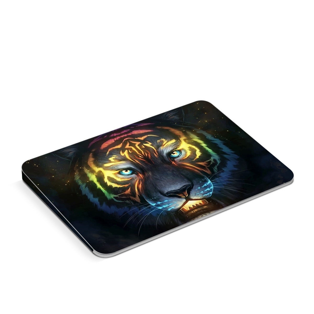 Apple Magic Trackpad Skin design of Felidae, Vertebrate, Carnivore, Organism, Painting, Roar, Bengal tiger, Big cats, Art, Whiskers, with black, yellow, orange, red, green, purple, blue colors