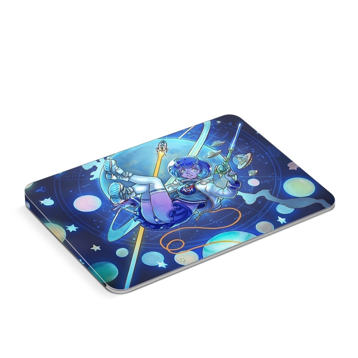 Apple Magic Trackpad Skin design of Cartoon, Illustration, Graphic design, Games, Space, Design, Anime, Art, Graphics, Fictional character, with blue, white, yellow, purple, green, red, orange, black colors