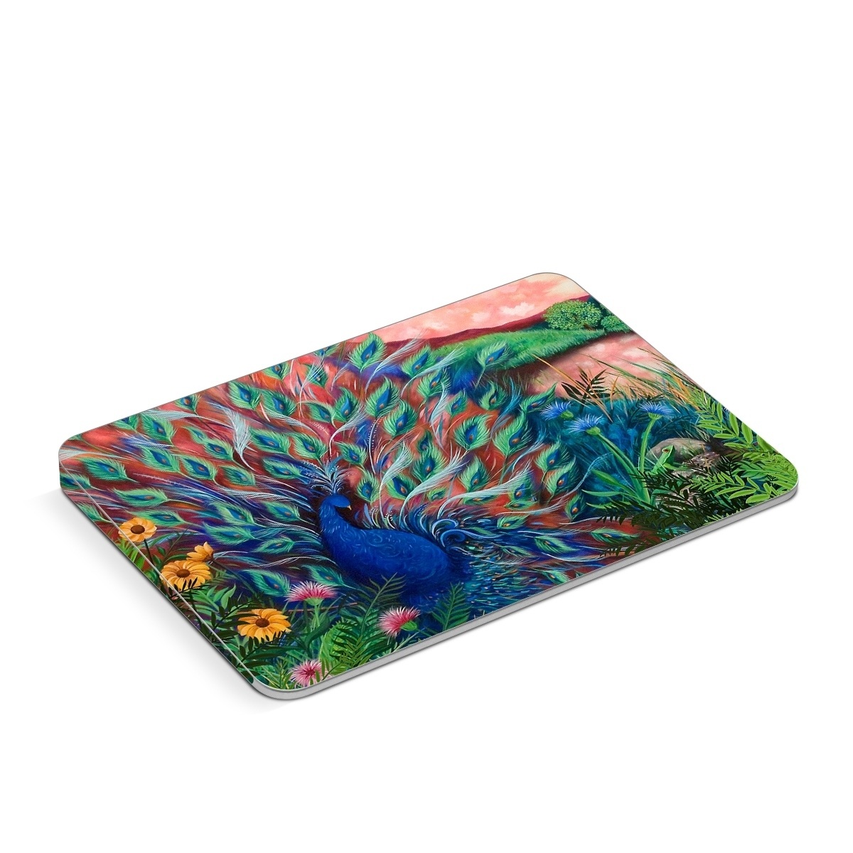 Apple Magic Trackpad Skin design of Painting, Acrylic paint, Bird, Child art, Art, Galliformes, Peafowl, Visual arts, Watercolor paint, Plant, with black, red, gray, blue, green colors