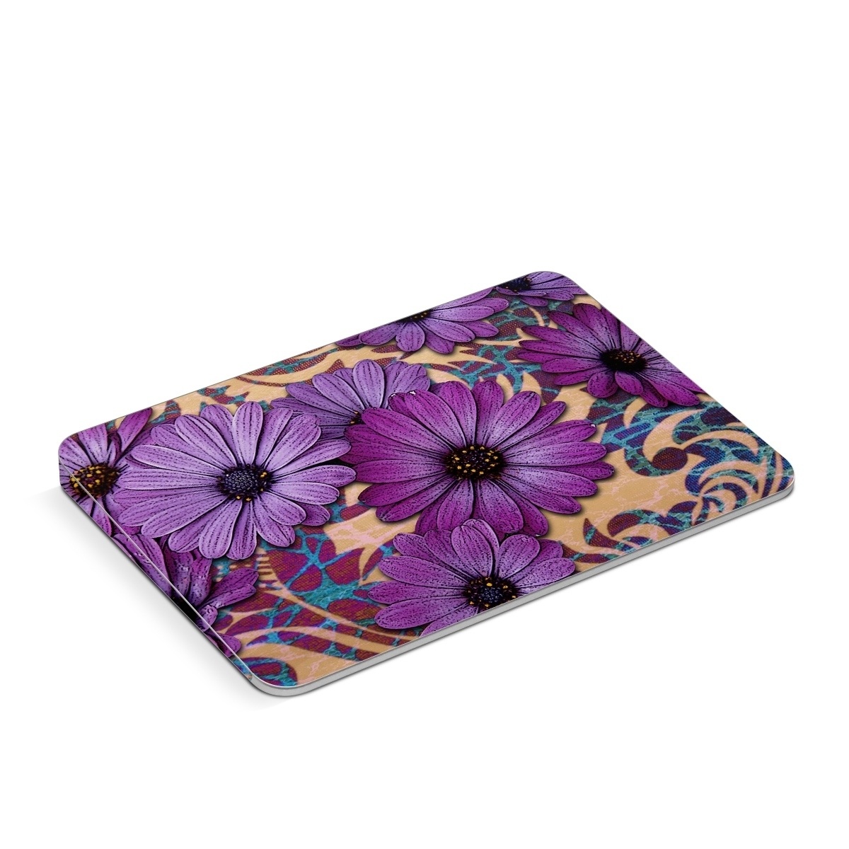 Apple Magic Trackpad Skin design of Purple, Flower, Violet, Petal, Plant, african daisy, Floral design, Wildflower, Pattern, Textile, with purple, black, gray, blue, green, red colors