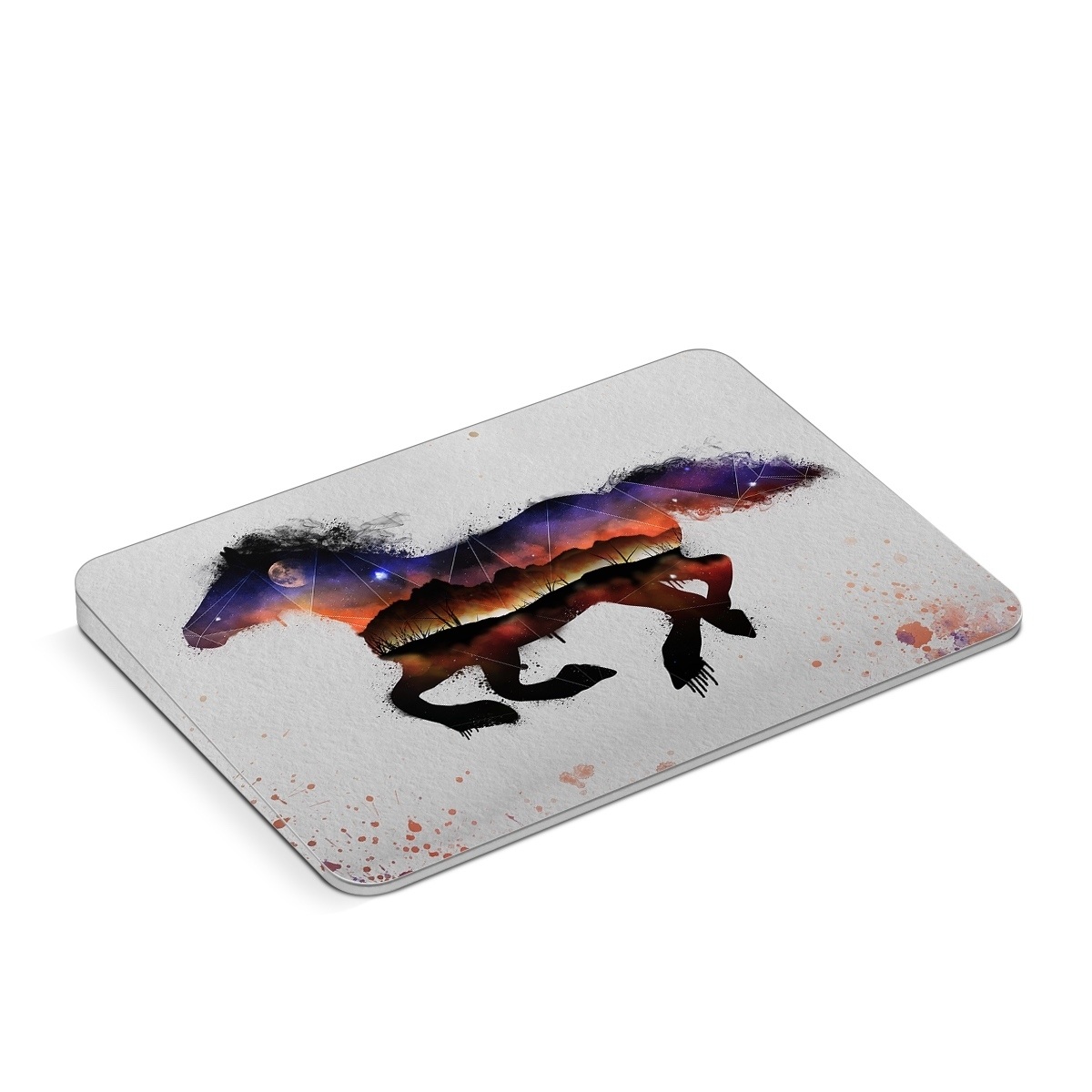 Apple Magic Trackpad Skin design of Watercolor paint, Illustration, Art, Horse, Paint, Drawing, Graphic design, Painting, Visual arts, Mustang horse, with gray, white, purple, red, yellow, black, orange colors