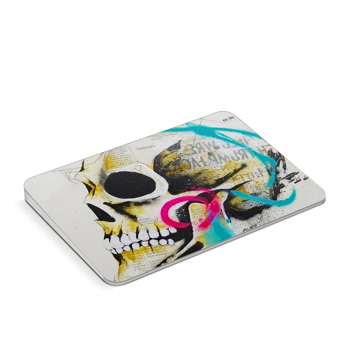 Apple Magic Trackpad Skin design of Graphic design, Skull, Illustration, Art, Bone, Drawing, Visual arts, Font, Modern art, Street art, with blue, pink, yellow, black colors