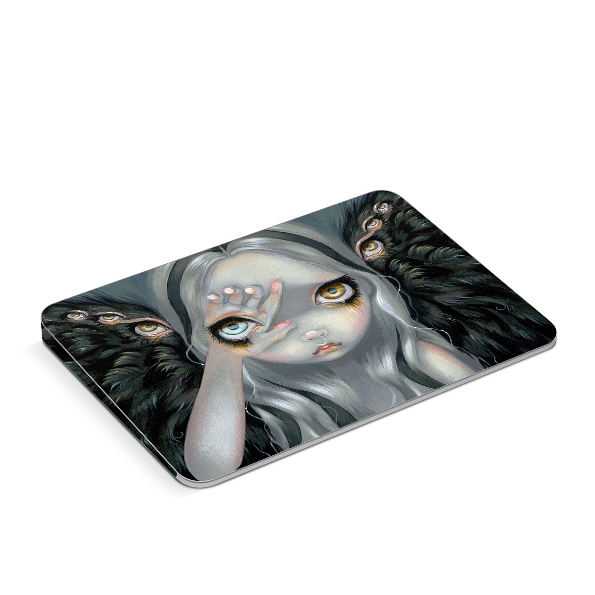 Apple Magic Trackpad Skin design of Face, Head, Cg artwork, Eye, Illustration, Organ, Fictional character, Art, Iris, Darkness, with black, gray, blue, green colors