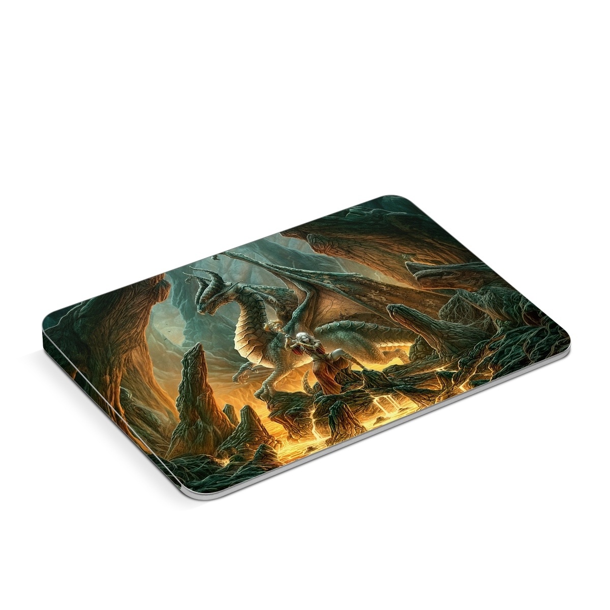 Apple Magic Trackpad Skin design of Dragon, Cg artwork, Mythology, Fictional character, Mythical creature, Art, Illustration, Cryptid, Sculpture, Demon, with black, green, red, gray, blue colors