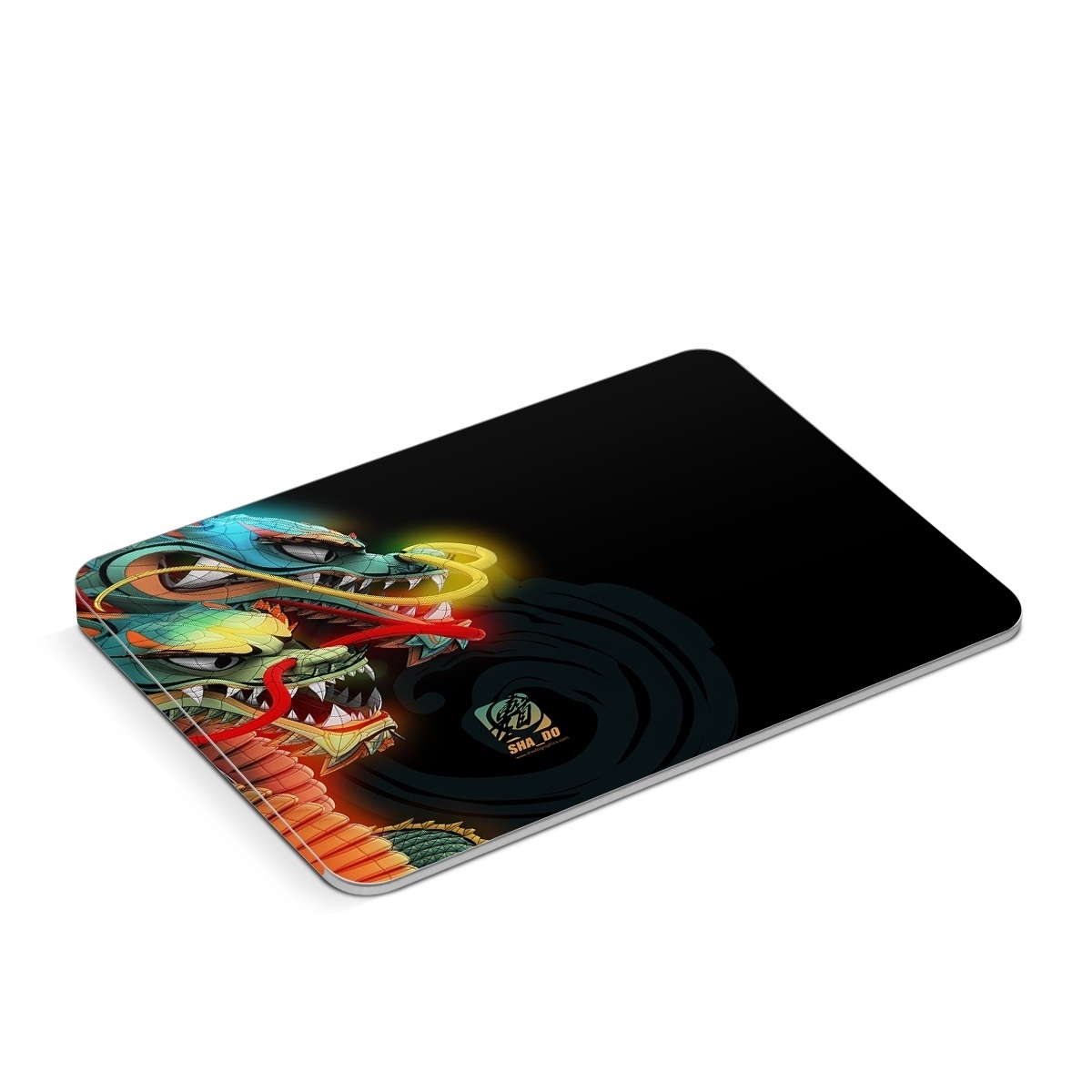Apple Magic Trackpad Skin design of Dragon, Fictional character, Illustration, Art, Cg artwork, Fiction, Mythical creature, Graphics, with black, green, red, yellow, orange colors