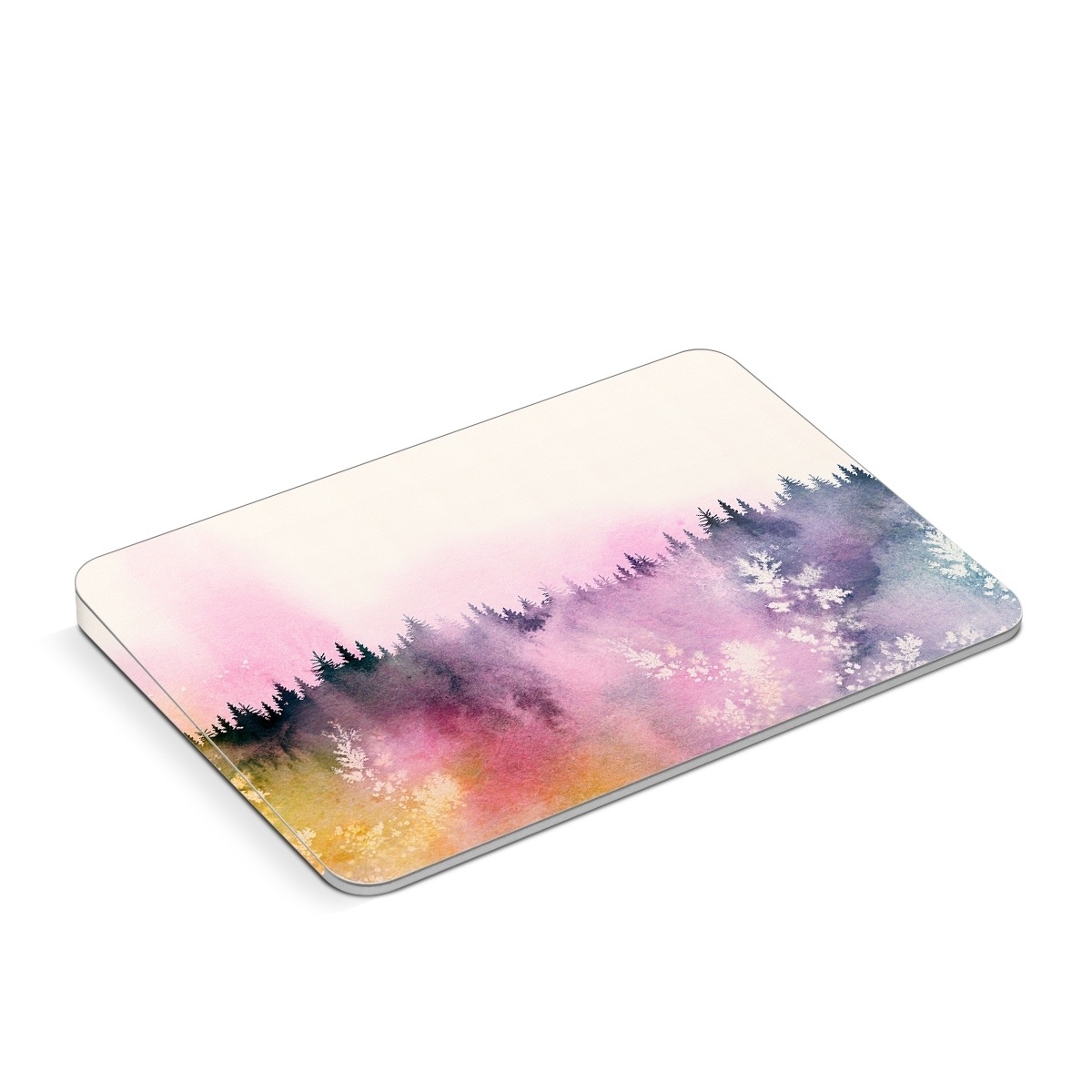 Apple Magic Trackpad Skin design of Watercolor paint, Sky, Atmospheric phenomenon, Tree, Atmosphere, Cloud, Landscape, Forest, Painting, Illustration, with white, yellow, pink, purple, blue, black colors