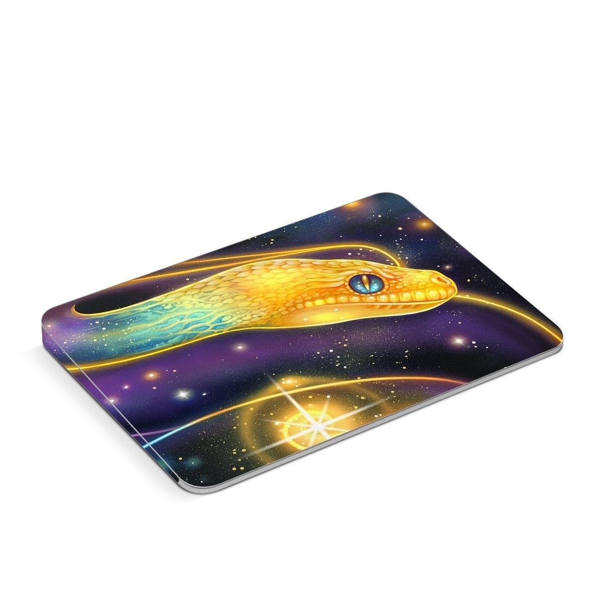 Apple Magic Trackpad Skin design of Atmosphere, Light, Organism, Art, Font, Astronomical object, Galaxy, Star, Science, Nebula, with black, white, yellow, orange, green, purple colors