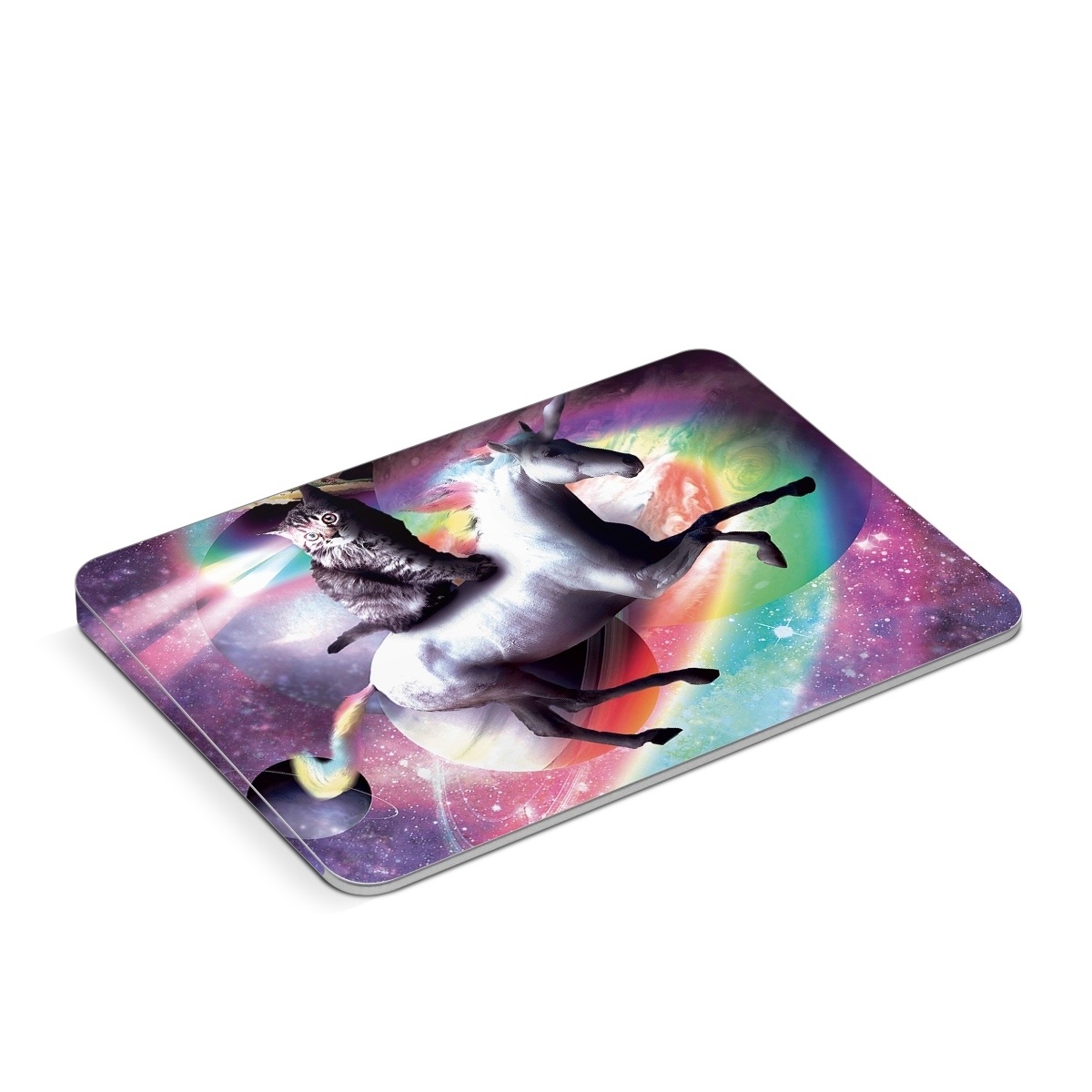 Apple Magic Trackpad Skin design of Illustration, Graphic design, Fictional character, Space, Sky, Astronomical object, Universe, Outer space, Art, Unicorn, with black, white, gray, red, yellow, green, blue, orange colors