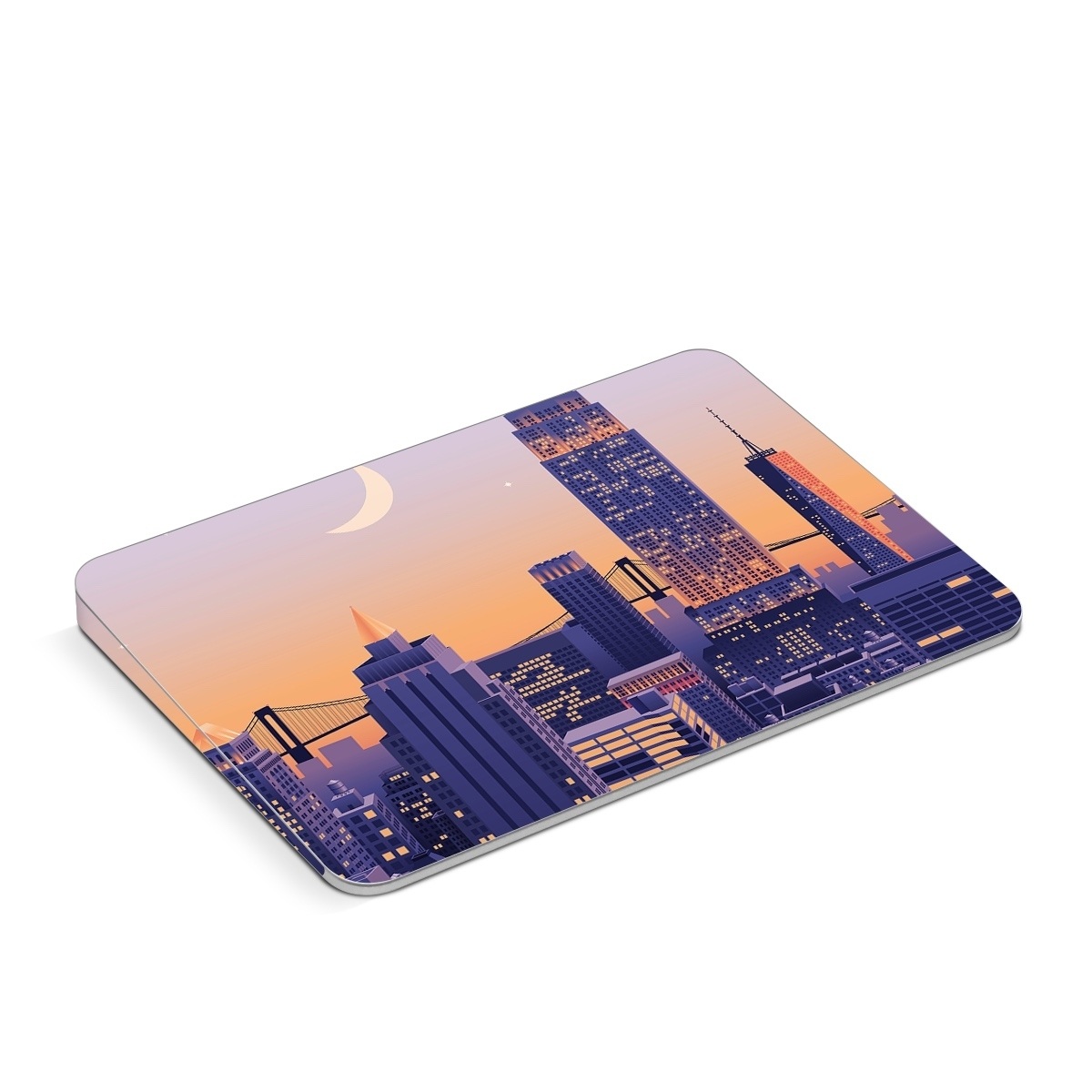 Apple Magic Trackpad Skin design of Skyscraper, Building, Sky, Atmosphere, Moon, World, Nature, Tower, Afterglow, Dusk, with blue, purple, yellow, orange colors