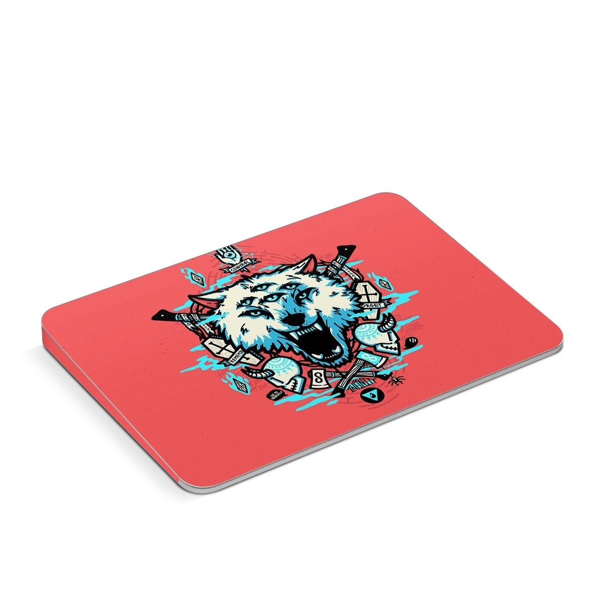 Apple Magic Trackpad Skin design of Graphic design, Illustration, Crest, Logo, T-shirt, Symbol, Font, Graphics, Emblem, Pattern, with red, blue, black, gray colors