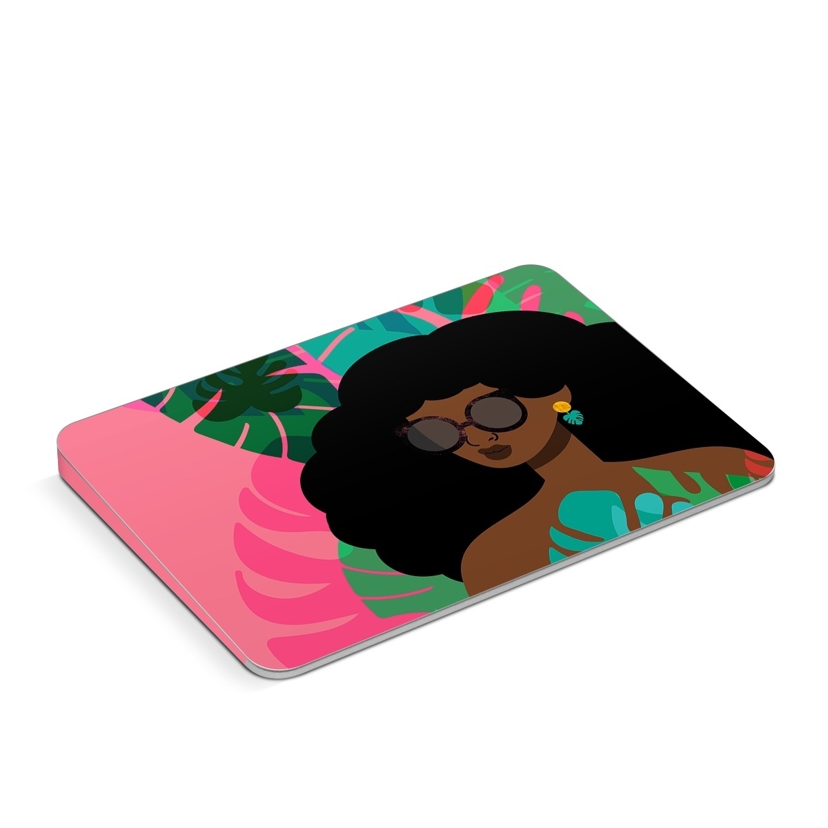 Apple Magic Trackpad Skin design of Illustration, Afro, Art, Eyewear, Glasses, Graphic design, Visual arts, Graphics, Fictional character, with brown, black, green, pink, blue, yellow colors