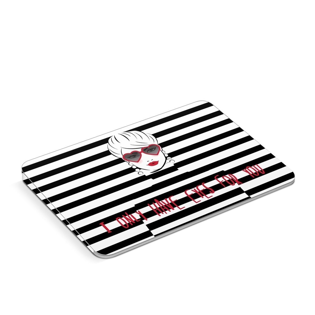 Apple Magic Trackpad Skin design of Rectangle, Font, Gesture, Eyewear, Art, Technology, Personal protective equipment, Goggles, Logo, Eyelash, with black, white, yellow, red colors