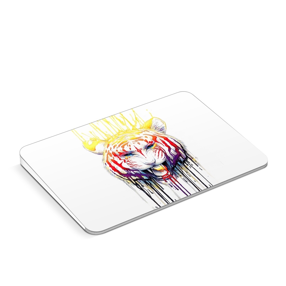 Apple Magic Trackpad Skin design of Jaw, Roar, Organism, Gesture, Art, Font, Felidae, Painting, Illustration, Drawing, with white, black, yellow, red, orange, purple colors