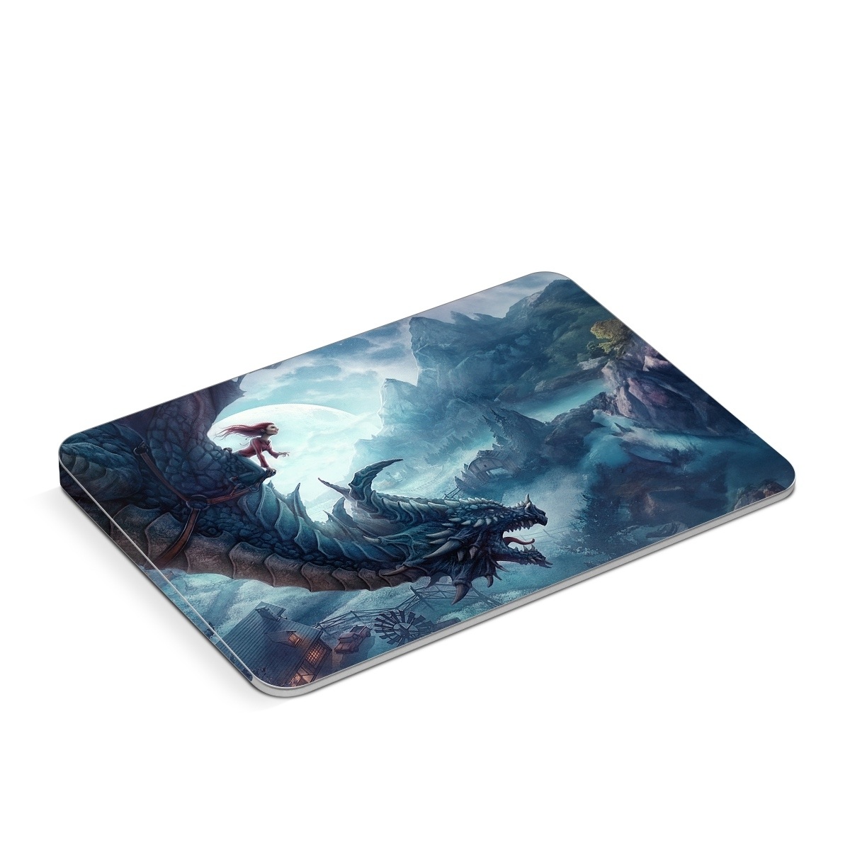 Apple Magic Trackpad Skin design of Dragon, Cg artwork, Illustration, Action-adventure game, Fictional character, Mythical creature, Mythology, Fiction, Cryptid, Extinction, with blue, white, brown, green colors