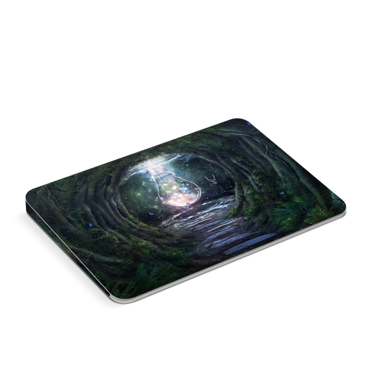 Apple Magic Trackpad Skin design of Nature, Green, Darkness, Natural environment, Light, Infrastructure, Tunnel, Tree, Forest, Art, with white, black, brown, green, blue, yellow colors