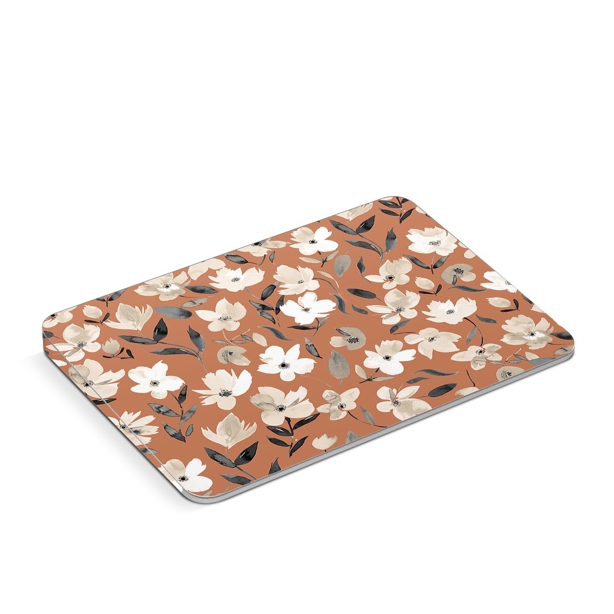 Apple Magic Trackpad Skin design of Flower, Plant, Textile, Botany, Petal, Gesture, Line, Font, Groundcover, Art, with brown, white, gray, black colors